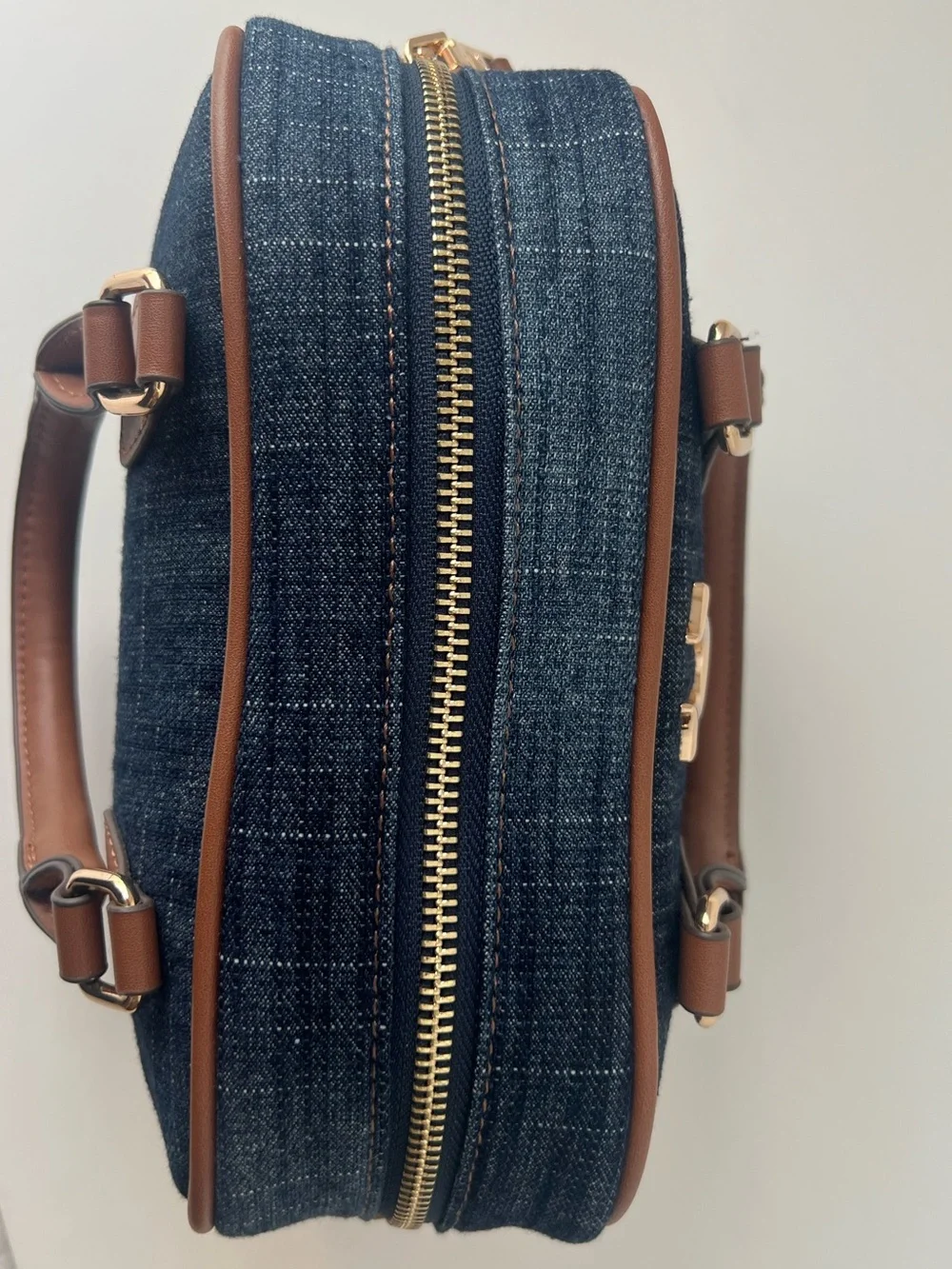 True Religion Denim Satchel in Dark Blue with Brown Trim & Gold Hardware